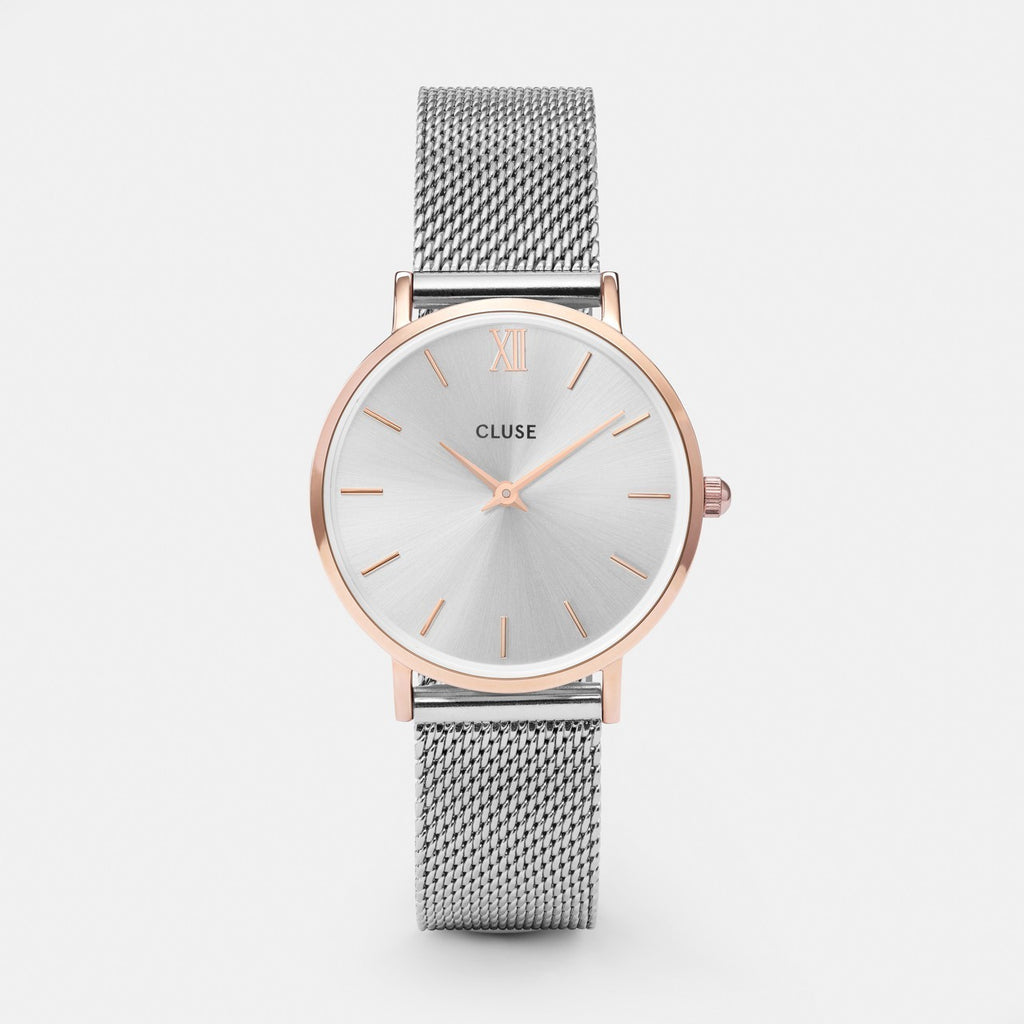 CLUSE Minuit Silver and Rose Gold Mesh Watch