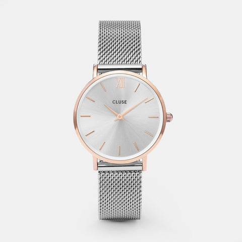 CLUSE Minuit Silver and Rose Gold Mesh Watch