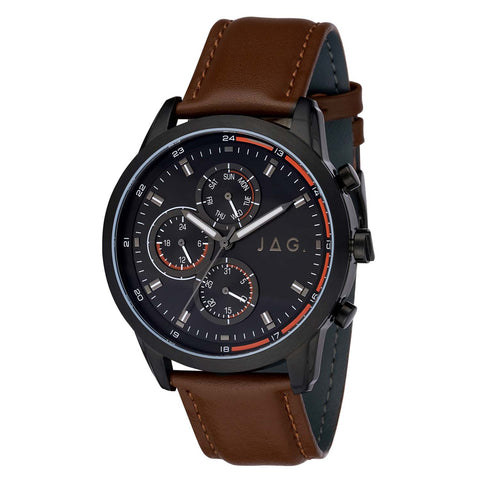 JAG Kennedy Black Chrono Watch With Brown Strap