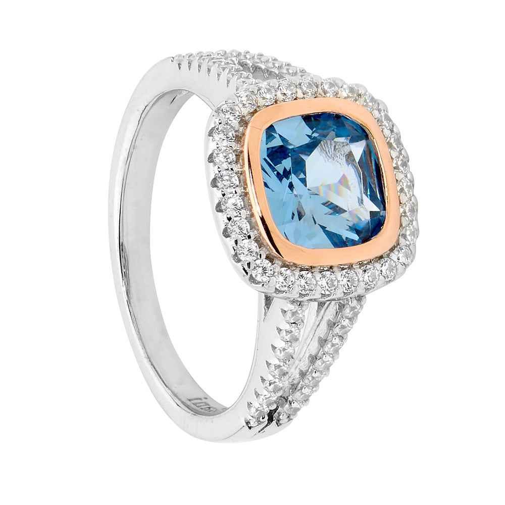 Sterling Silver And Rose Gold Plated Cubic Zirconia Blue Spinel Ring