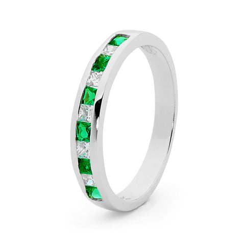 Created Emerald and Cubic Zirconia Silver Ring