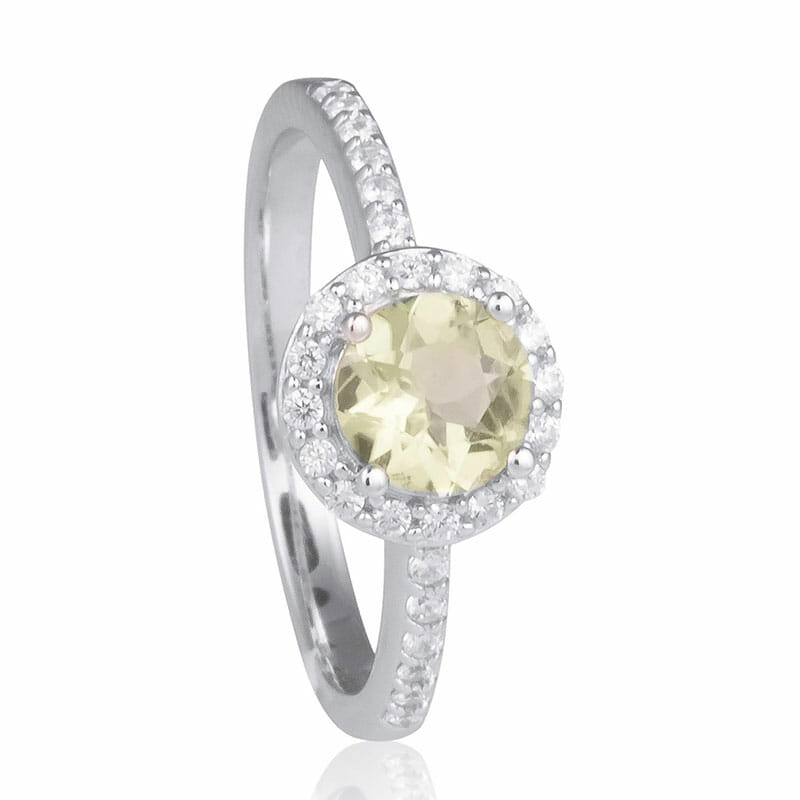 Sterling Silver Rhodium Plated Natural Peridot Stone Cubic Zirconia Ring