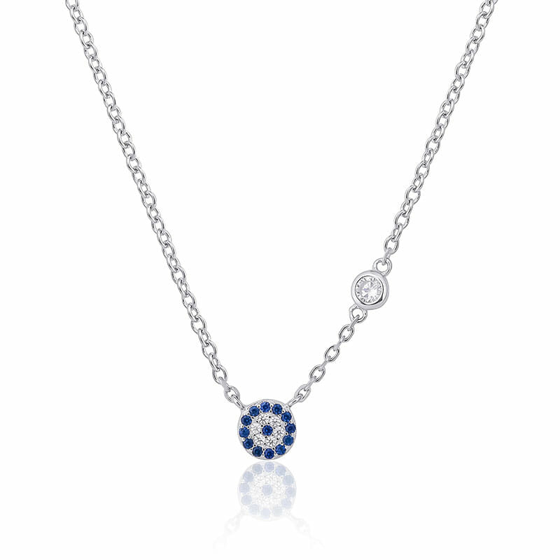 Sterling Silver Rhodium Plated Cubic Zirconia Blue Evil Eye Necklace 45cm