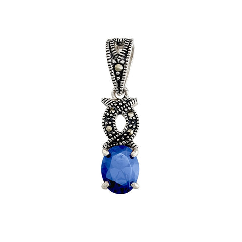 Sterling Silver Marcasite Created Sapphire Pendant