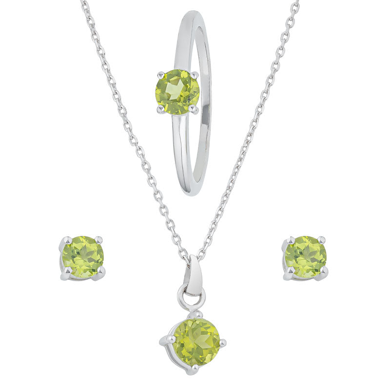 Sterling Silver Rhodium Plated Natural Green Peridot Claw-Set Round Matching Set