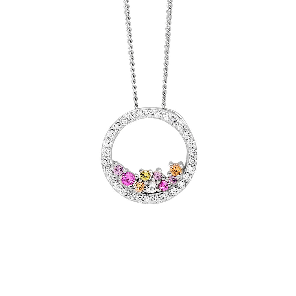 Sterling silver open circle pendant with scattered pastel cubic zirconia