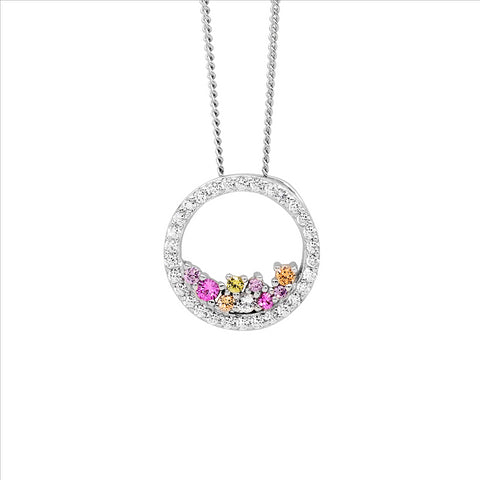 Sterling silver open circle pendant with scattered pastel cubic zirconia