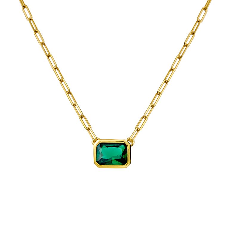 Sterling Silver Gold Plated Necklace With Green Cubic Zirconia