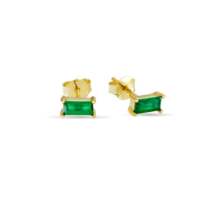 Sterling Silver Gold Plated Stud Earrings With Green Cubic Zirconia