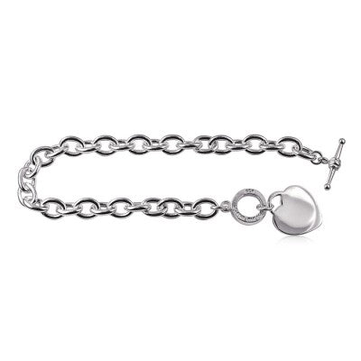 Sterling Silver Oval Cable Bracelet With Heart And Fob