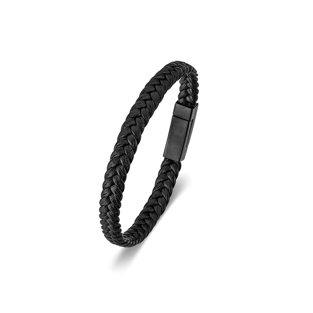 Gents Black Leather Bracelet With Steel Catch