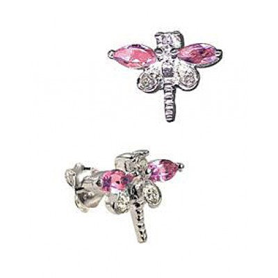 Sterling Silver Pink Cubic Zirconia Dragonfly Studs