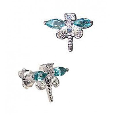 Silver Blue CZ Dragonfly Studs