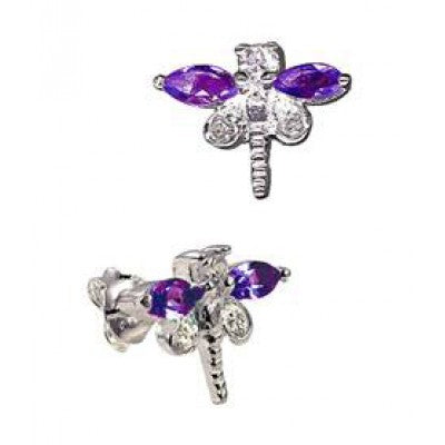 Silver Purple CZ Dragonfly Studs