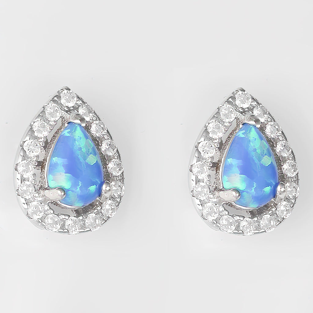 Sterling Silver Rhodium Plate Blue Created Opal Pear Shape Earrings