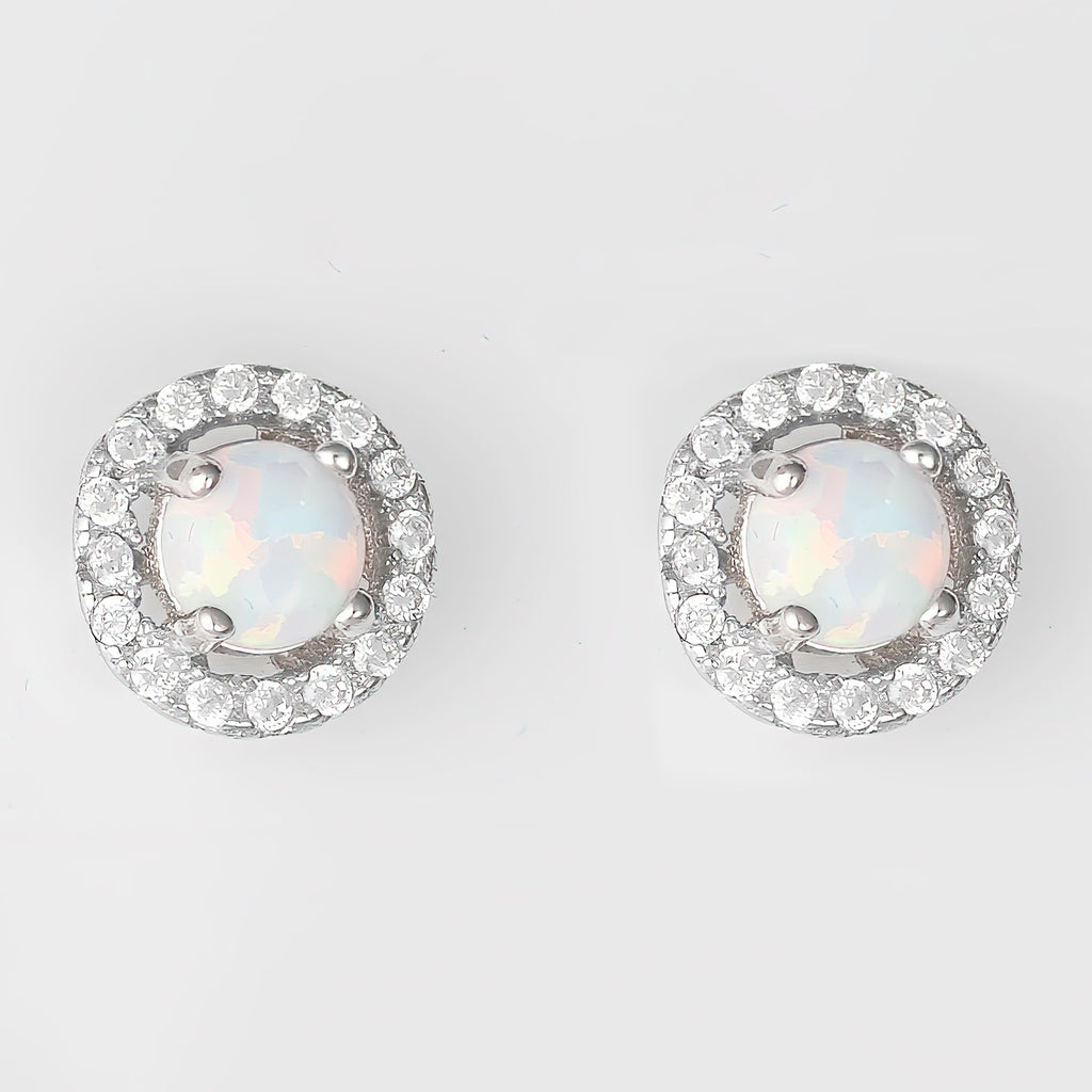 Sterling Silver Rhodium Plated White Created Opal Earrings