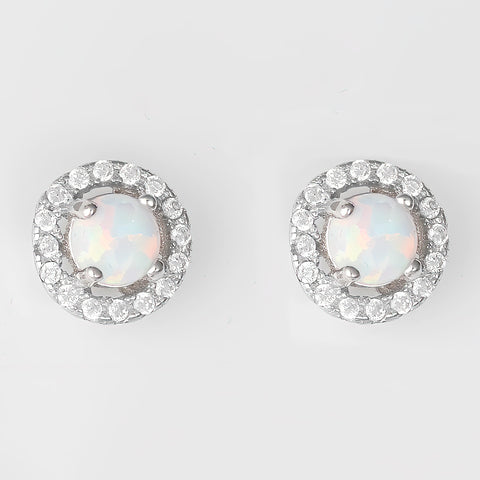 Sterling Silver Rhodium Plated White Created Opal Earrings