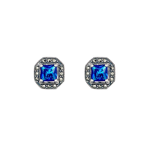 Silver Marcasite And Sapphire Cubic Zirconia Studs