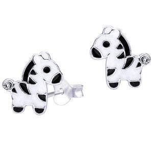 Sterling Silver Enamel Zebra With Crystal Studs