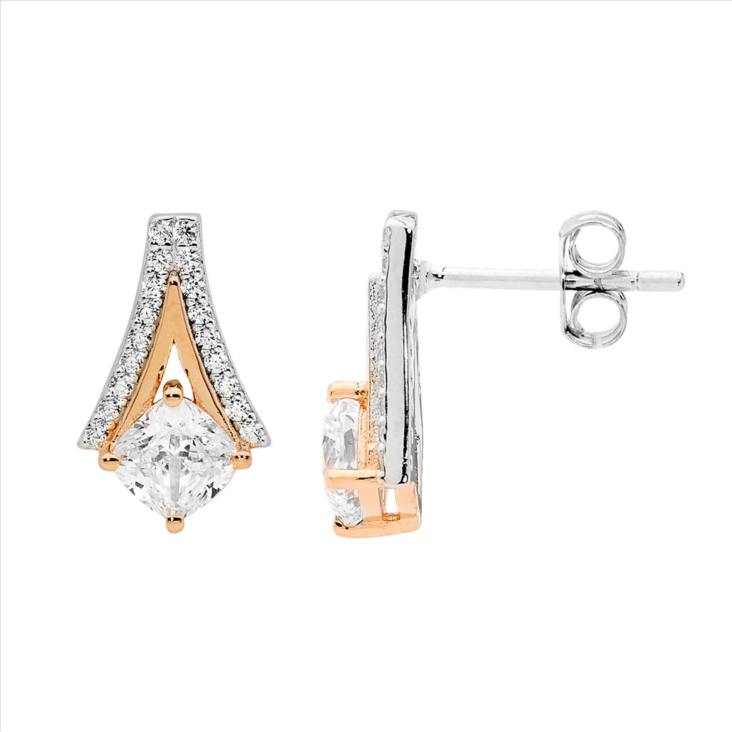 Sterling Silver Rose Gold Plated Cubic Zirconia V Studs