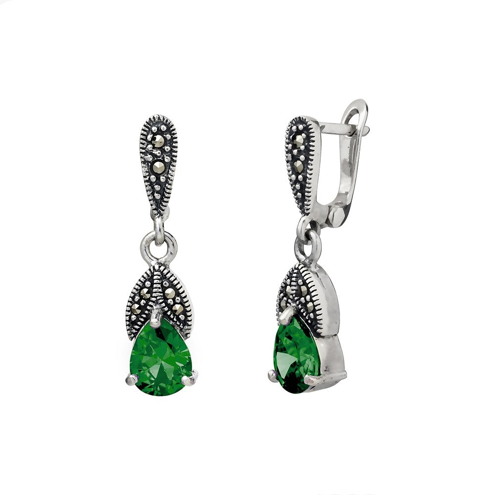Silver Marcasite Emerald Earrings
