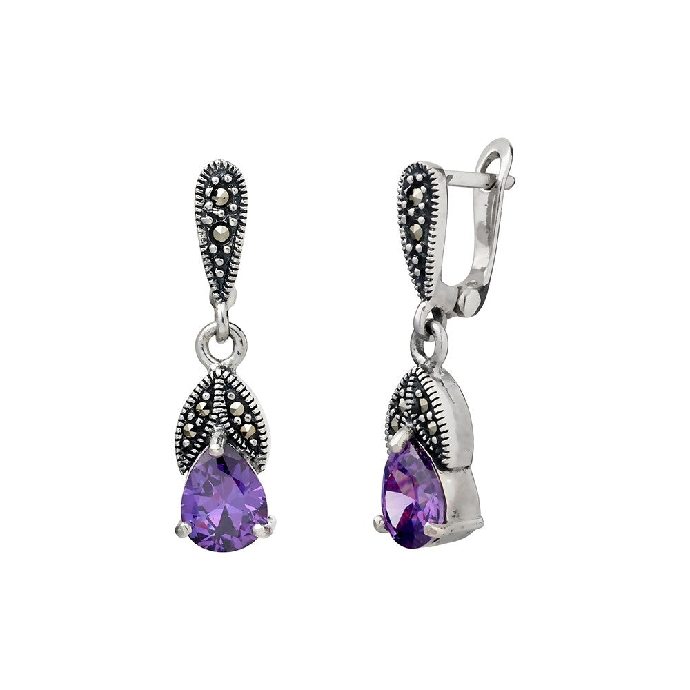 Silver Marcasite Amethyst Cubic Zirconia Drops