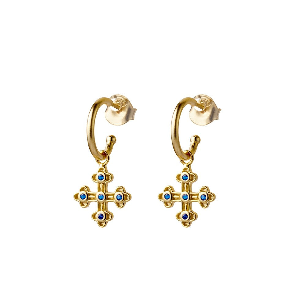 Sterling Silver Gold Plated Stud Hoop With Sapphire Blue Cross Charm