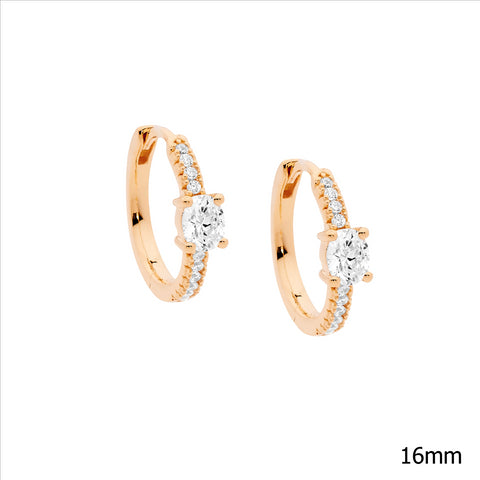 Sterling Silver Rose Gold Plated Huggie Earrings With Cubic Zirconias