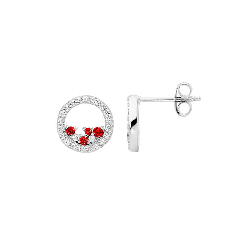 Sterling Silver Open Circle Studs With Red Cubic Zirconias