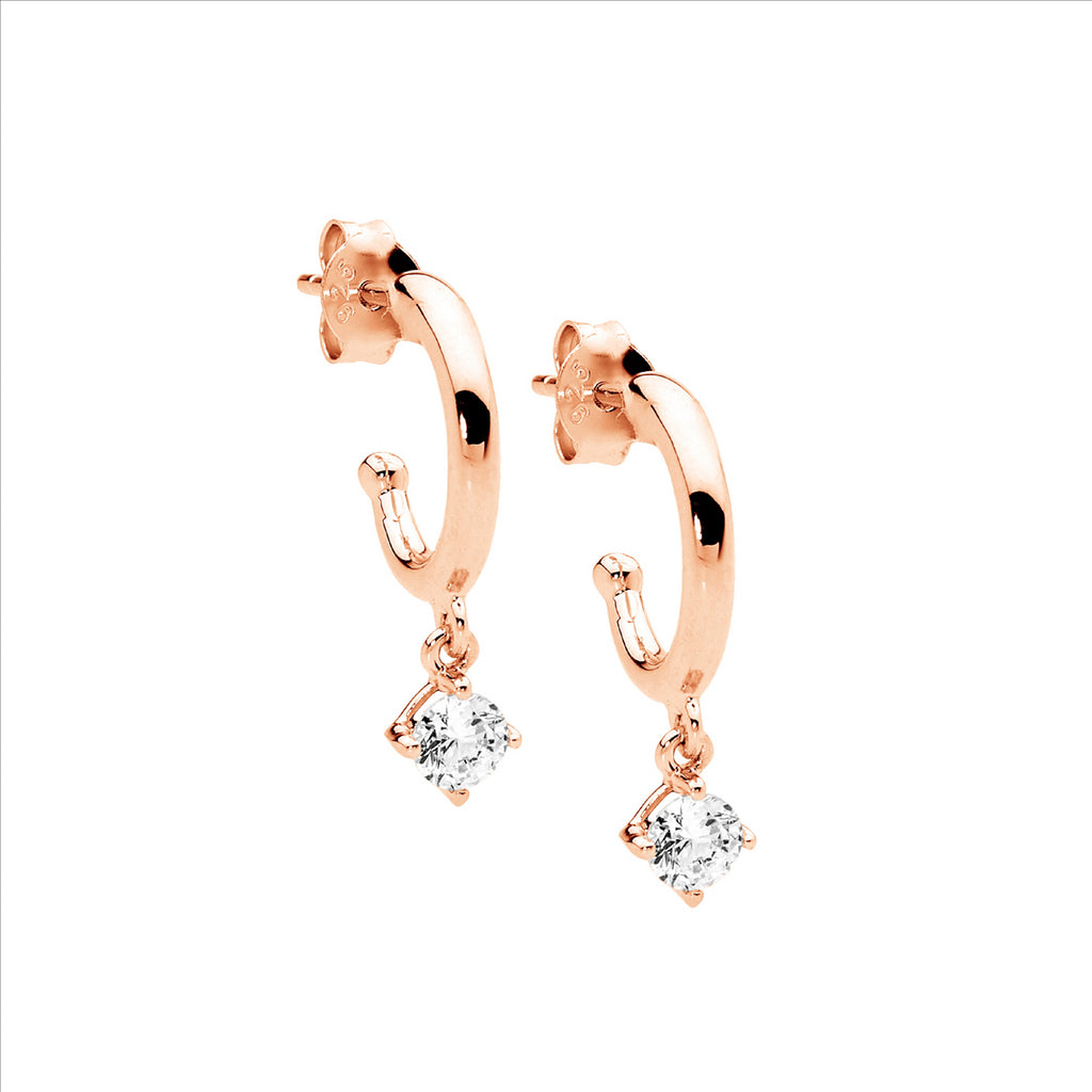 Sterling Silver Rose Gold Cubic Zirconia Hoops