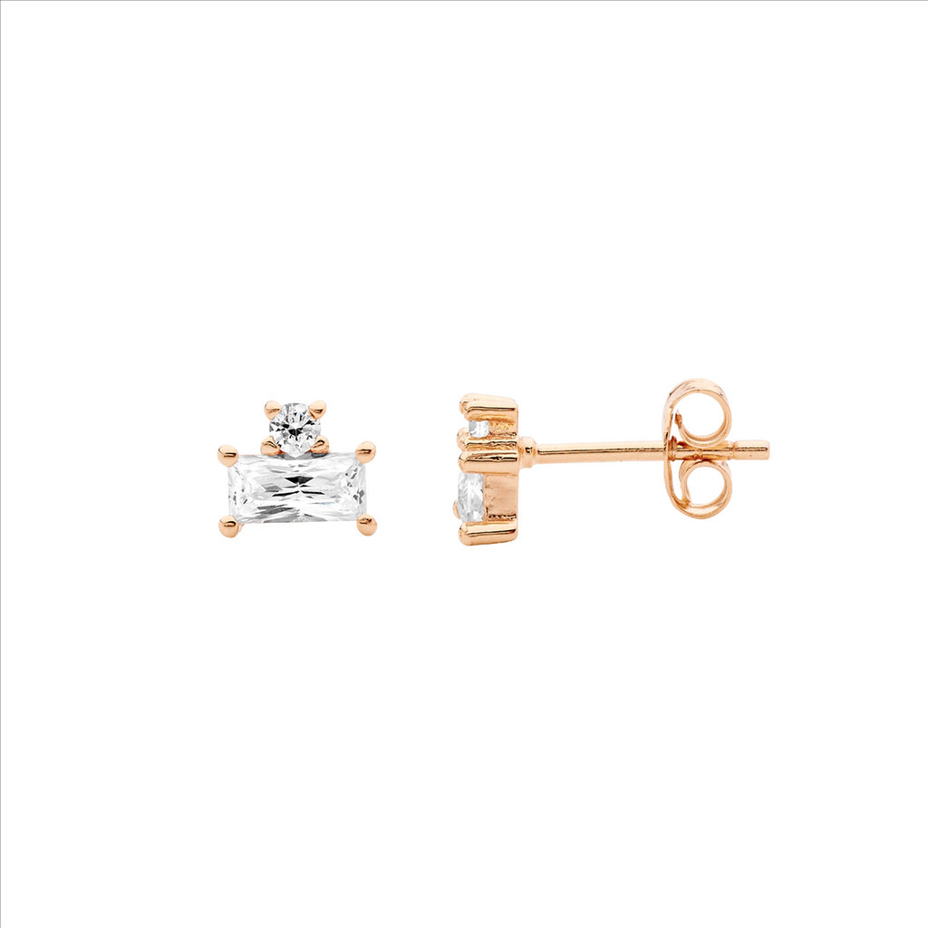 Sterling Silver Rose Gold Baguette Cubic Zirconia Studs