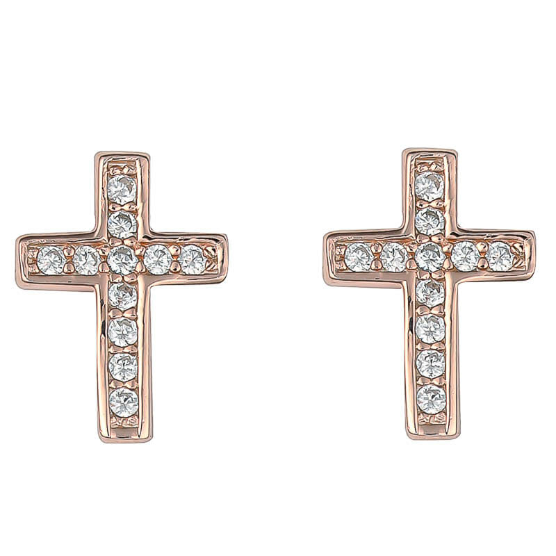 Sterling Silver Rose Gold Cross Studs