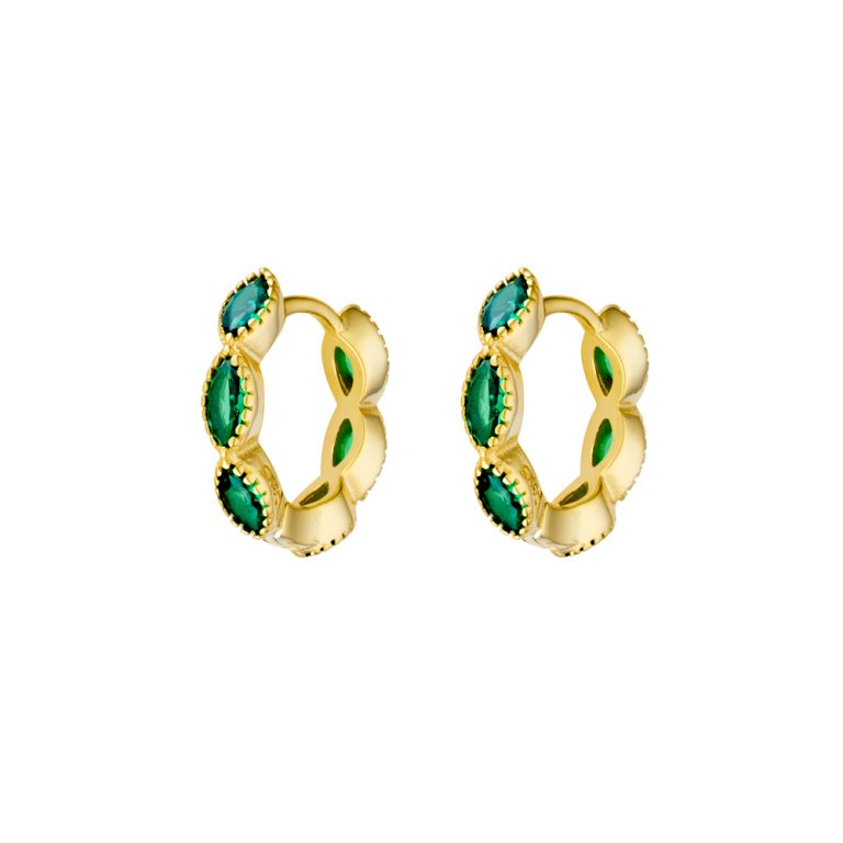 Sterling Silver Gold Plated Hoop Earrings With Green Cubic Zirconia