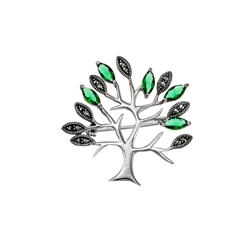 Silver Marcasite Emerald Cubic Zirconia Tree Brooch