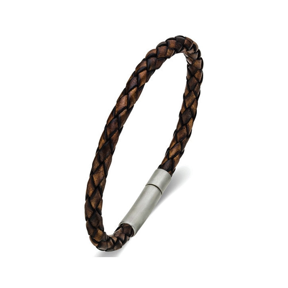 Blaze Stainless Steel Mens Brown Leather Bangle
