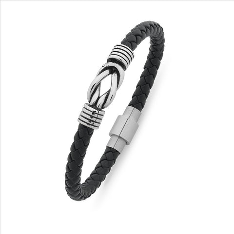 Stainless Steel Mens Black Leather Bracelet