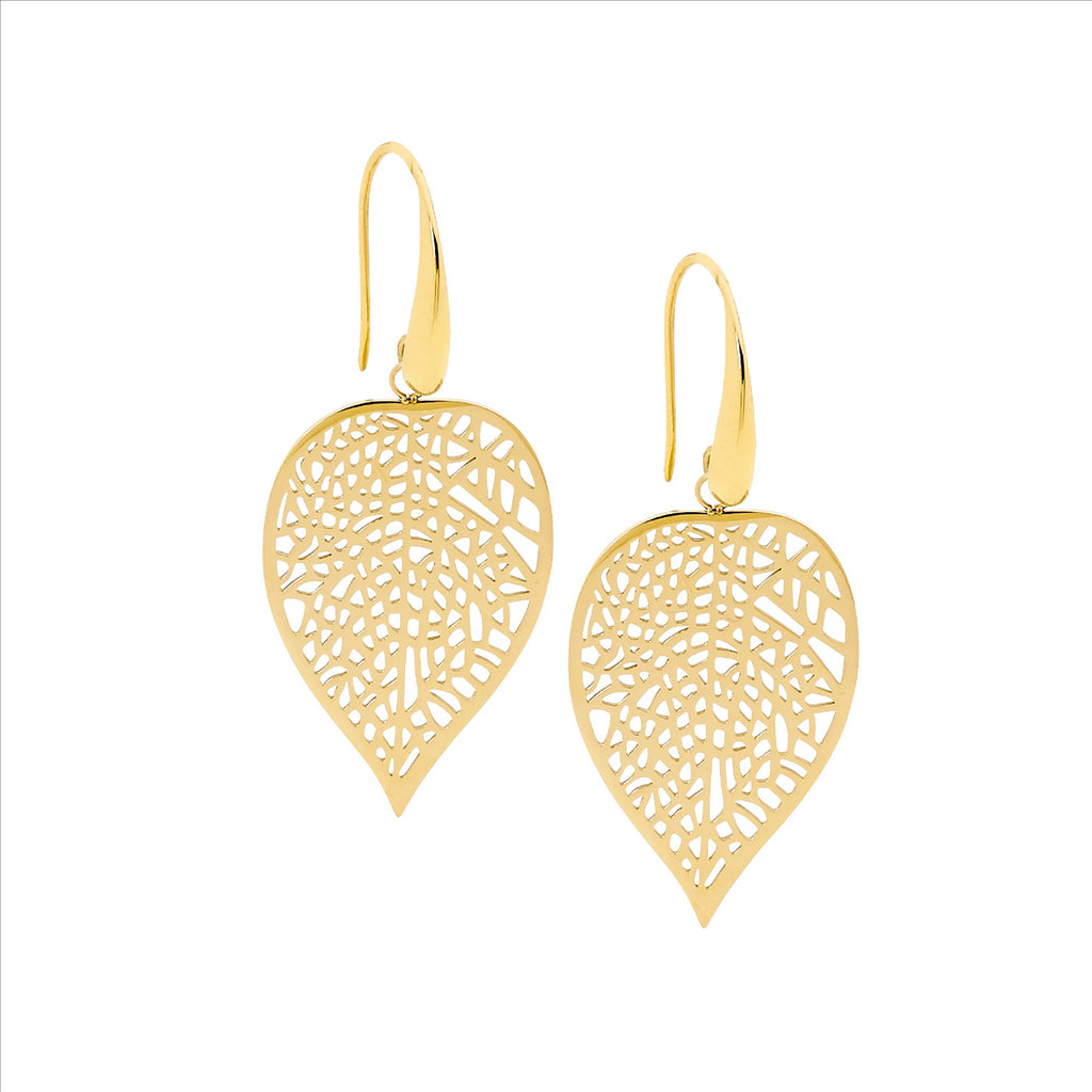Stainless Steel Gold Plated Leaf Drop Earrings