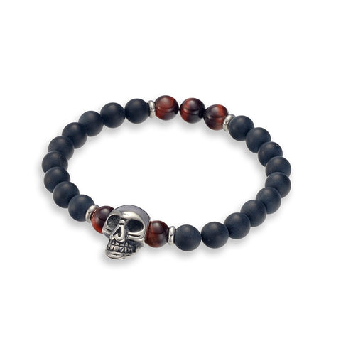 Mens Stainless Steel Matte Onyx And Red Tiger Stone Bead Bracelet