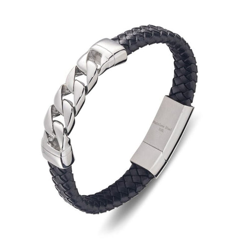 Blaze Stainless Steel Leather Bangle With Steel Chain Link Detail